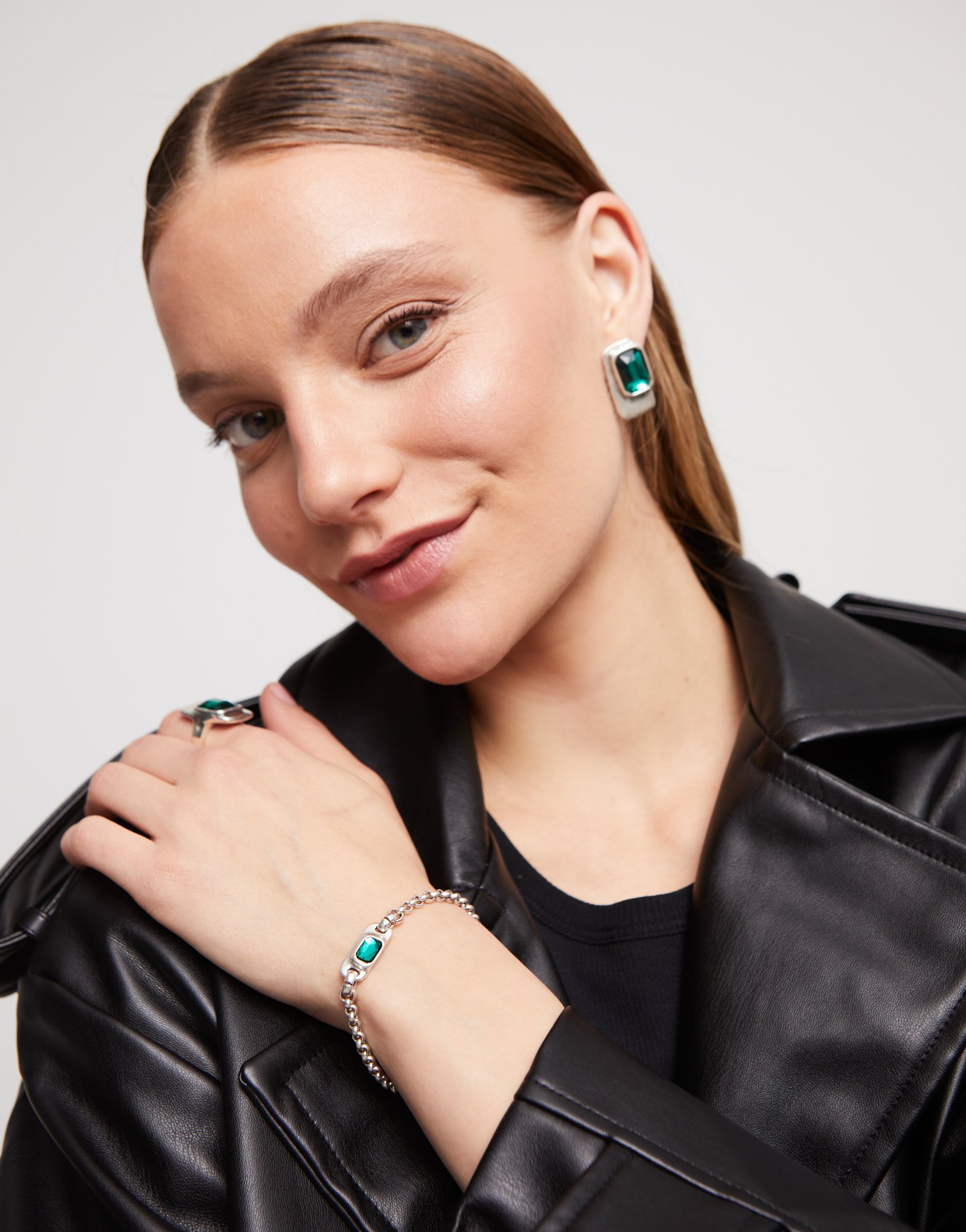 Bracciale a catenina placcato argento sterling con cristallo verde, Argent, large thumbnail